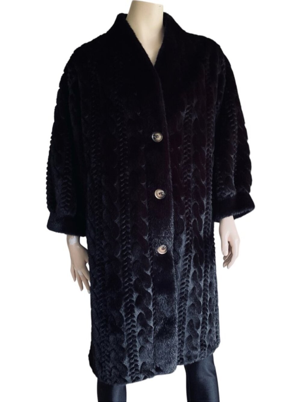 Davi & Dani Oversized Faux fur Coat Black Braided Cable Knit Pattern Sm/ Med​